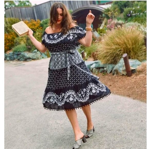 by Anthropologie Marisol Off-Shoulder Embroidered Midi Dress Black Fit & Flare 6 - Picture 3 of 16
